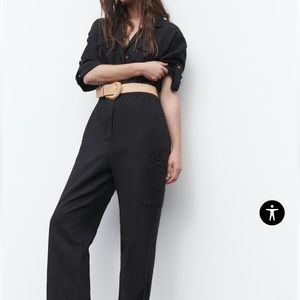 Zara -  Black Belted Linen Blend Jumpsuit Sz S